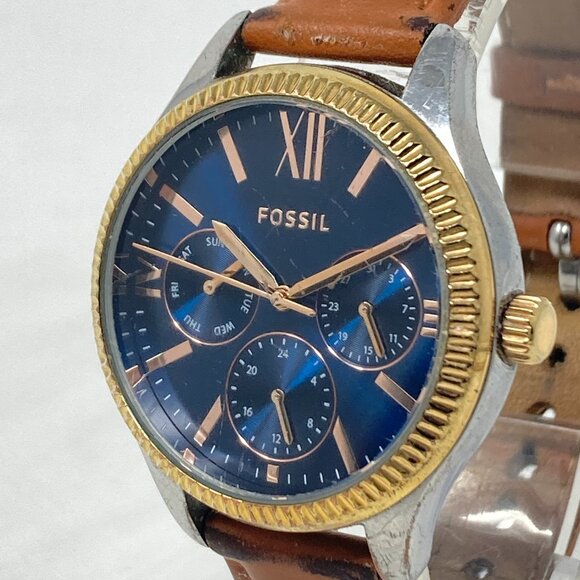 Fossil Rye Watch Women 36mm Silver Gold Tri Tone Blue Dial BQ3765 New Battery main image 8